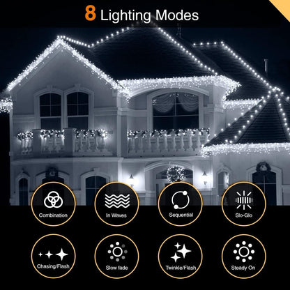 ® Christmas Lights 220 LED 7.5M/24Ft Icicle Lights Outdoor & Indoor Cool White Decorations String Fairy outside Lights with Timer for Xmas Garden Bedroom & Party|Mains Powered Green Cable