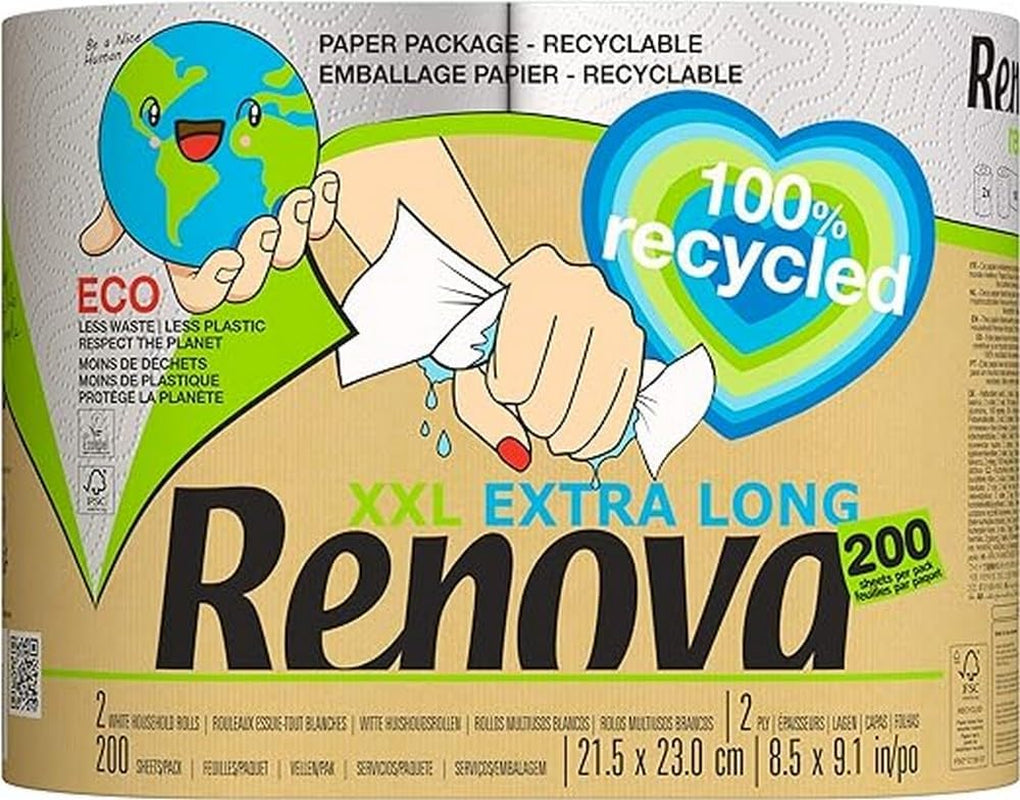 Recycled Kitchen Rolls | 2 Recycled Rolls Wrapped in Paper, Equivalent to 5 Standard Rolls | Plastic Free | FSC® and Ecolabel Certified