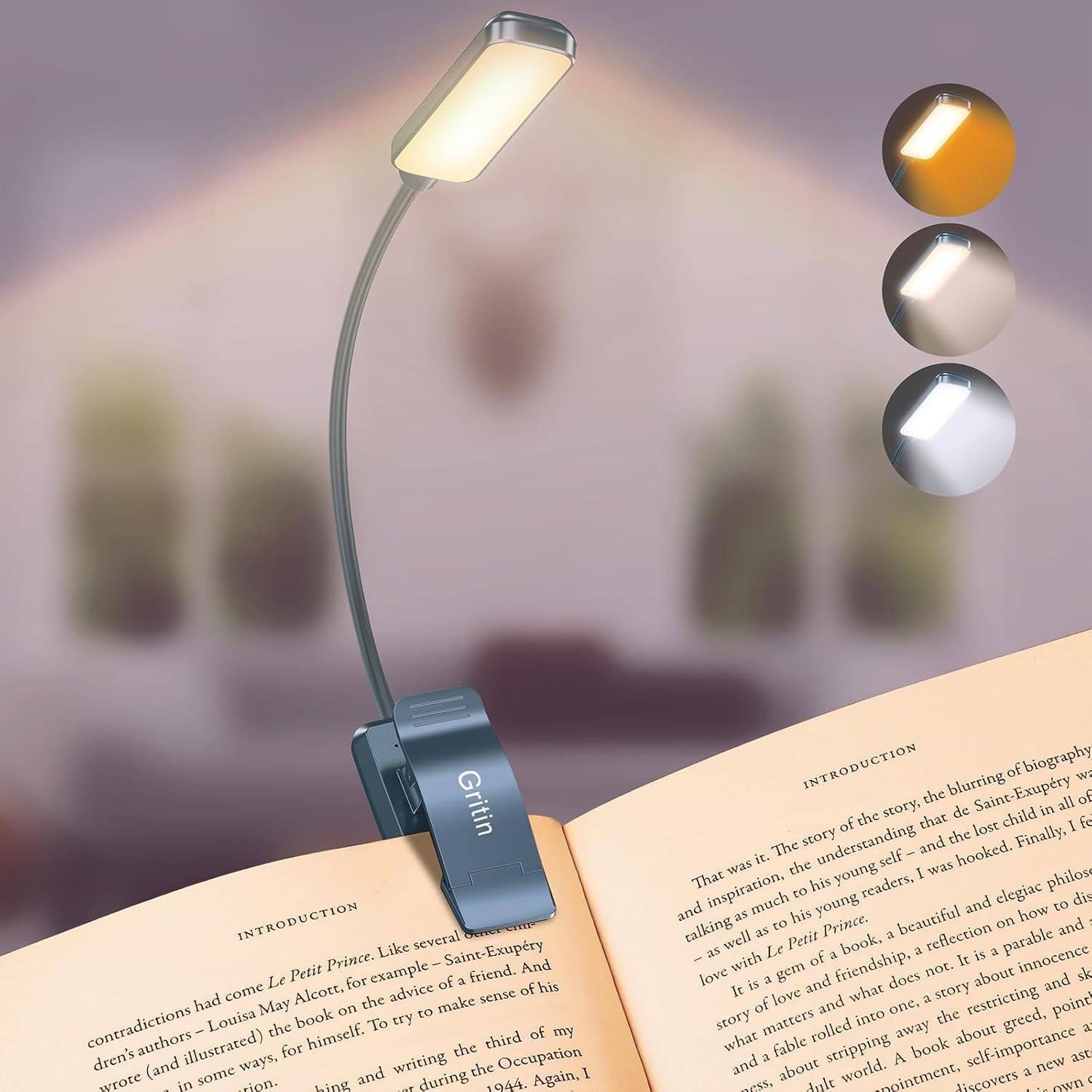 9 LED Clip on Book Light, 3 Eye-Protecting Modes Flexible Reading Light Book Lamp (Warm&Cool White) -Stepless Dimming, Rechargeable, Long Battery Life, 4-Level Power Indicator-Pacific Blue