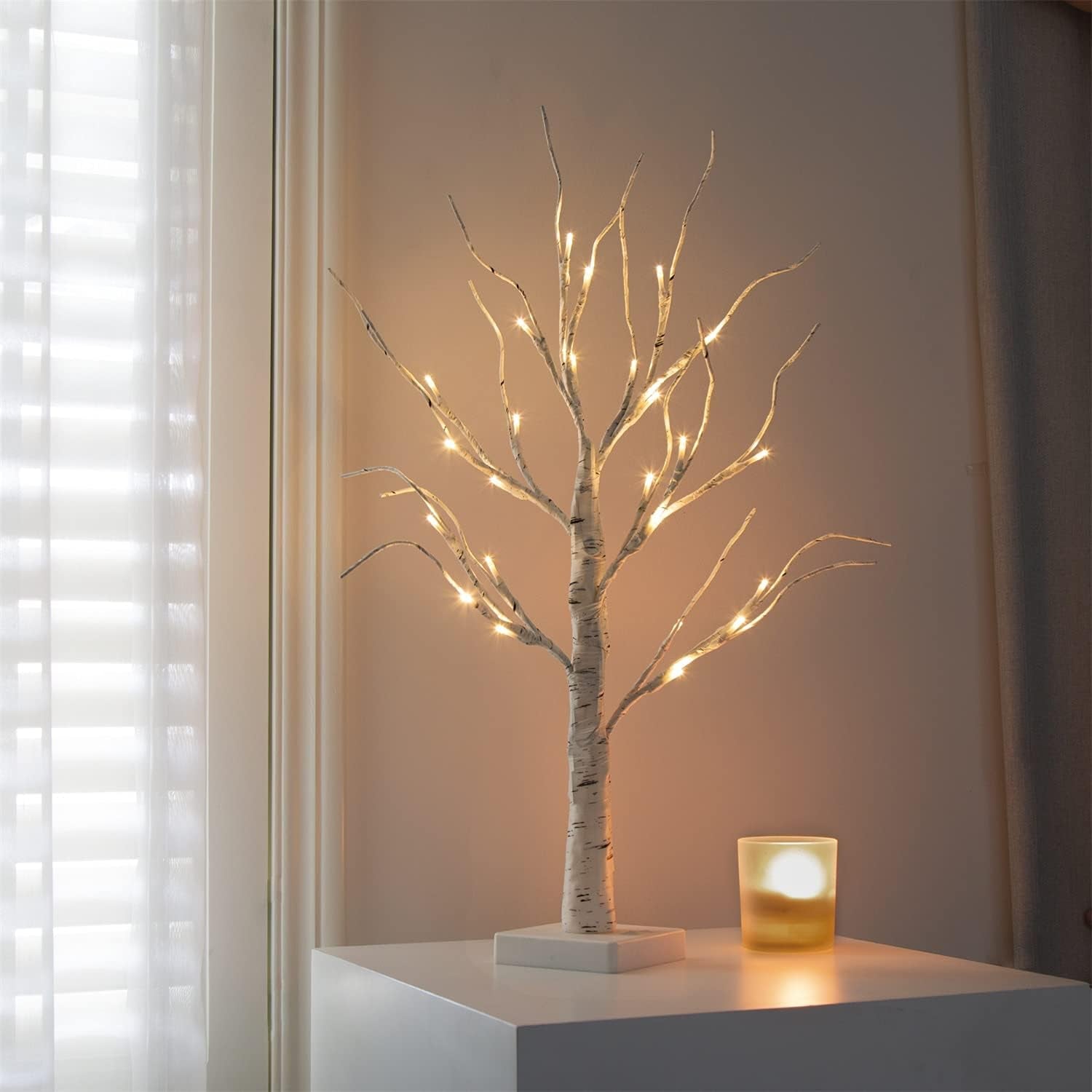 White Twig Christmas Tree with Lights 2FT Tabletop Birch Tree with 24 Warm White Leds Battery Operated LED Birch Tree for Home Party Wedding Easter Christmas Decoration