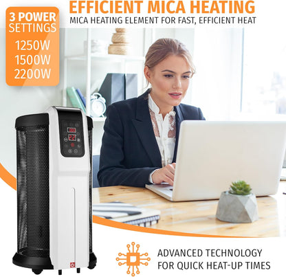 Cylindrical Mica Electric Heater with Remote Control – 360° Surround Heating, 3 Heat Settings 2200W, 24-Hr Timer, Energy-Saving, Silent for Home, Office (Digital Control with Remote)