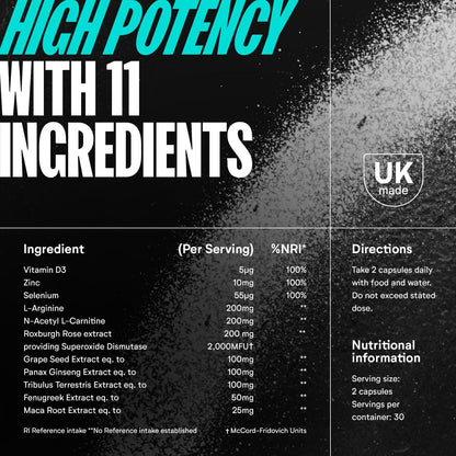 Testosterone Support - Maca Root, Tribulus Terrestris, Zinc, Ginseng - Testosterone Supplements for Men, Essential Vitamins & Minerals - 1100Mg per Serving - 60 Capsules