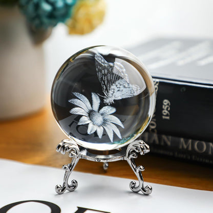 60Mm Butterfly Crystal Ball Paperweight,3D Laser Engraved Butterfly on Sunflower in Glass Ball with Stand Decorative Butterfly Glass Sphere Home Decor Gifts for Women Girls
