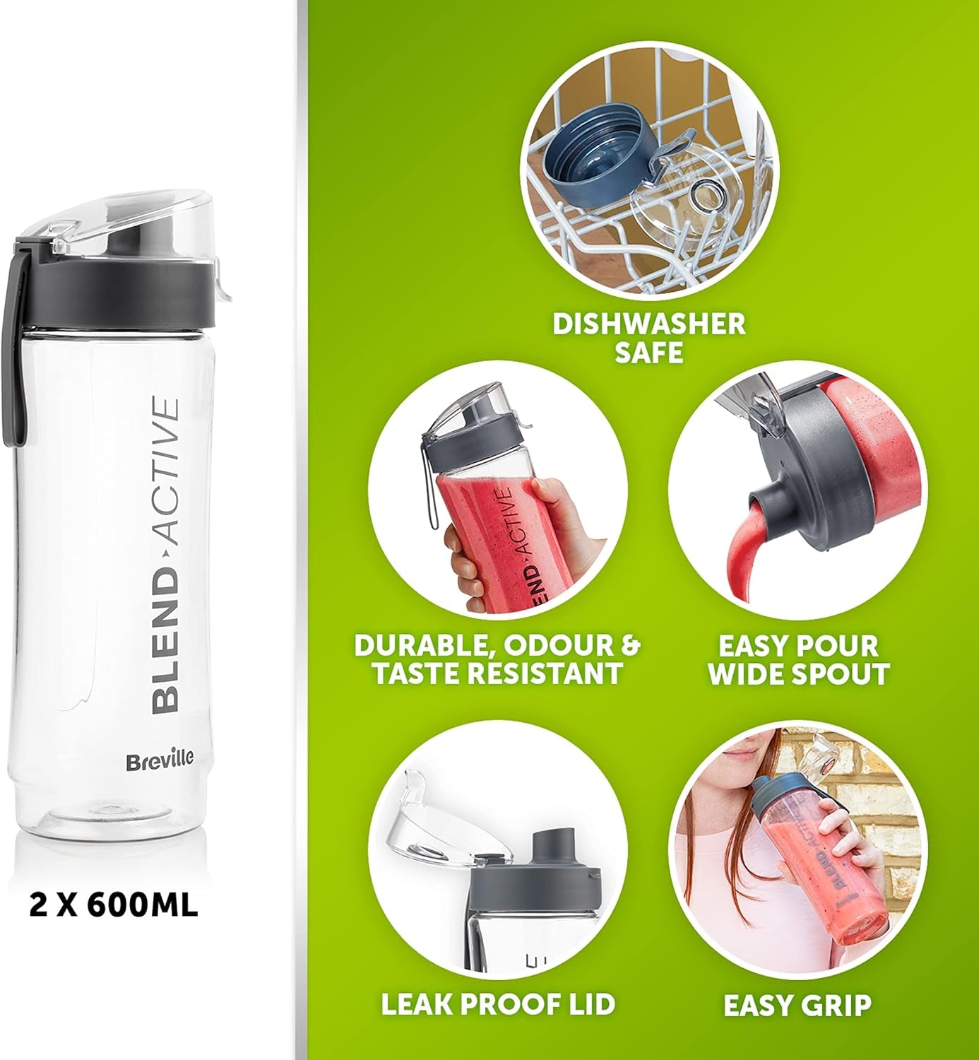 Blend Active Personal Blender & Smoothie Maker | 350W | 2 Portable Blend Active Bottles (600Ml) | Leak Proof Lids | White & Green [VBL246]