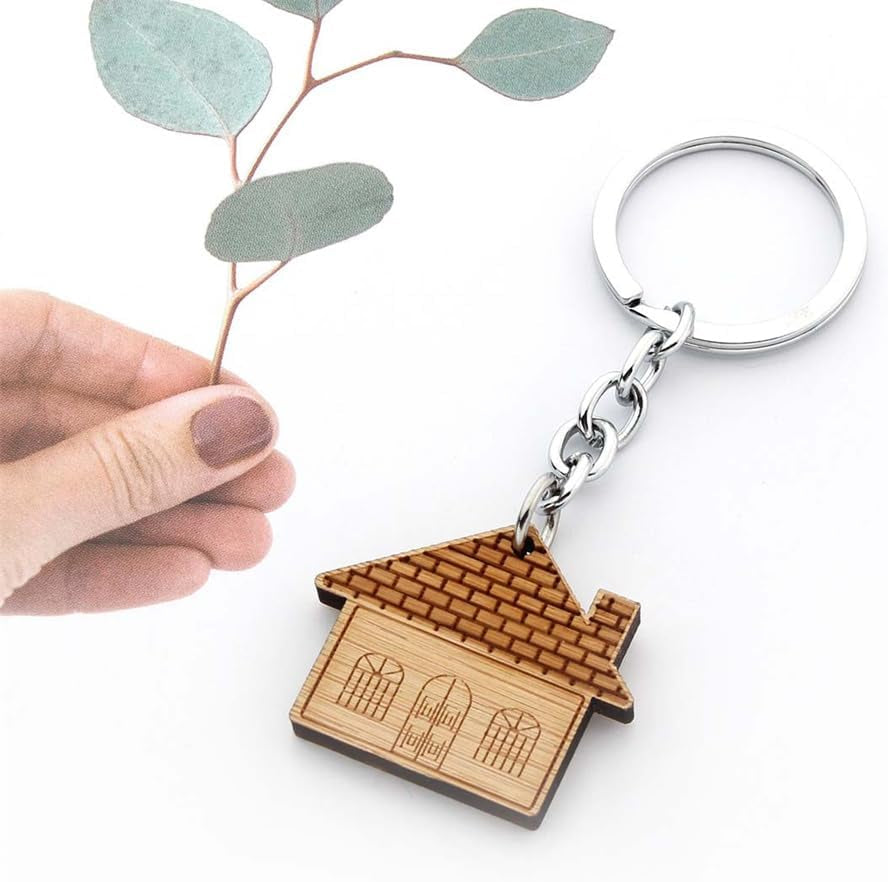 4 Pcs Wooden House Keychain Wooden Keychain Home Keyring Decoration Small House Shape Keychain Housewarming Gift Cute Home Keychain for Real Estate Gifts Home Clients Home Buyers Clients