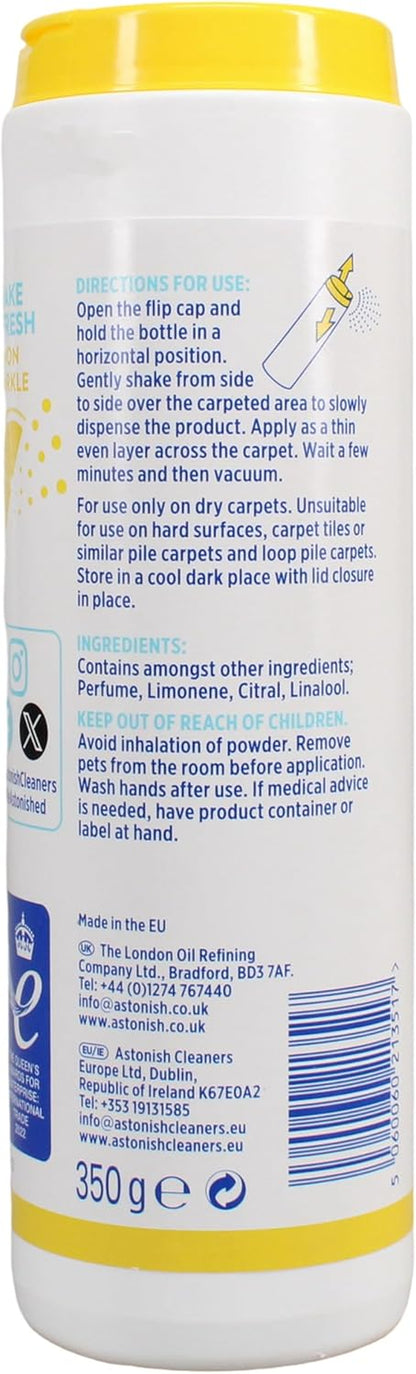 Shake & Fresh Carpet Freshener, Eliminates Odours, Lemon Sparkle, 350G