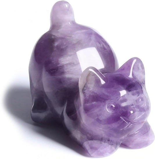 Amethyst Crystal Cat Figurine Carved Healing Crystals Gemstones Cat Animal Statue Cute Cat Ornament for Home Desk Decor Good Luck Cat Gifts for Women Men Christmas 1.6”
