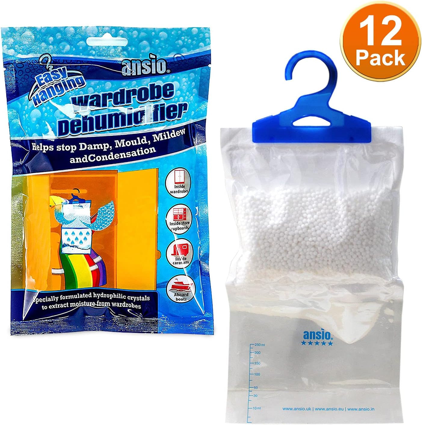 Wardrobe Dehumidifier Hanging Bags Pack of 12 Moisture Absorbers, Trap, Condensation, Dehumidifiers for Damp, Mould, Bedroom, Caravan, Bathroom, Basement, Office – 210G Each