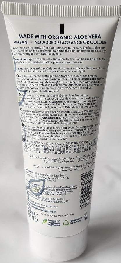 98% Organic Pure Aloe Vera Gel 200Ml, Face, Dry Skin, Hair, Natural, Moisturiser, After-Sun, Calming, Soothing, Vegan