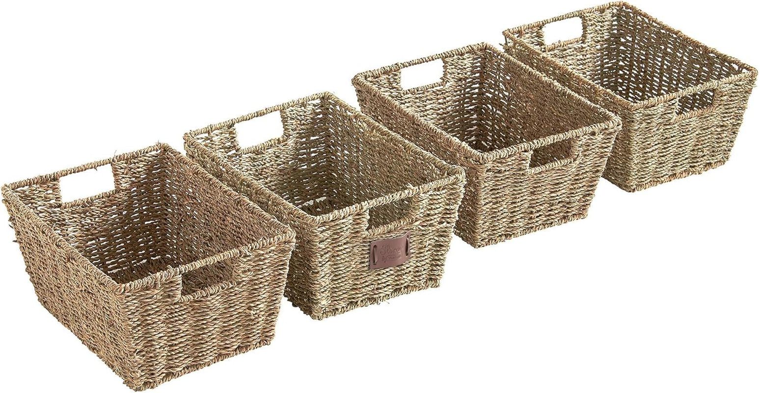 Seagrass Storage Baskets, Set of 4 Hand-Woven Display Hampers - Bathroom Storage Baskets for Shelves - Nesting Natural Wicker Seagrass Baskets for Storage W/Handles for Bedroom & Home Office