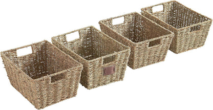 Seagrass Storage Baskets, Set of 4 Hand-Woven Display Hampers - Bathroom Storage Baskets for Shelves - Nesting Natural Wicker Seagrass Baskets for Storage W/Handles for Bedroom & Home Office