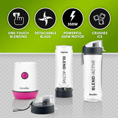Blend Active Personal Blender & Smoothie Maker | 350W | 2 Portable Blend Active Bottles (600Ml) | Leak Proof Lids | White & Pink [VBL248]