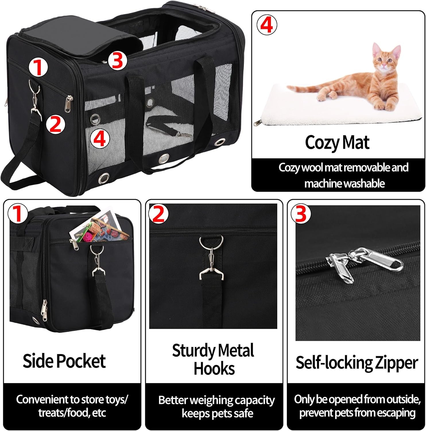 Soft Sided Foldable Cat/Dog/Pet Carrier Bag, Portable Puppy/Pets Travel Carriers for Cats/Dogs with Shoulder Strap & Removable Mat, Durable Cat Basket of 17 Lbs Airline Approved - Black, M