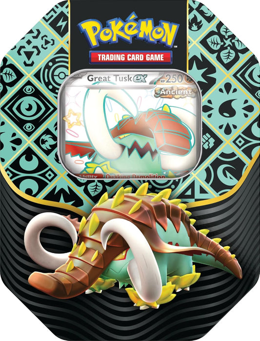 TCG: Scarlet & Violet—Paldean Fates Tin – Great Tusk Ex (1 Foil Promo Card & 4 Booster Packs)