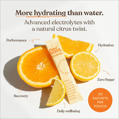 Hydrate | Electrolyte Sachets with Sodium, Magnesium, Vitamin C, & More | Zero Sugar, Advanced Powder for Enhanced Hydration & Recovery | Citrus Flavour | 30 Sachets