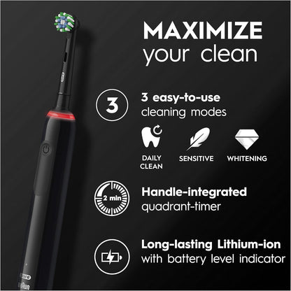 Pro 3 Electric Toothbrushes for Adults, Gifts for Women / Men, 1 Cross Action Toothbrush Head & Travel Case, 3 Modes with Teeth Whitening, 2 Pin UK Plug, 3500, Black, Oral B