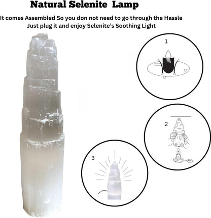 Pure Selenite Crystal Rock USB Mountain Tower LED Lamp Handcrafted Multi-Colour Wooden Base Meditation Healing Energy Mineral Gift Home Decoration Lamp (20Cm)