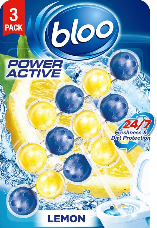 Power Active Toilet Rim Block Lemon, with Anti-Limescale, Cleaning Foam, Dirt Protection and Extra Freshness - Pack of 3 Rimblocks