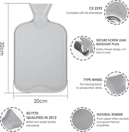 Hot Water Bottle with Luxury Cosy Faux Fur Cover,2L Leakproof Large Hot Water Bag for Neck,Shoulder,Hand Feet Warmer,Ideal for Women,Men(Grey)