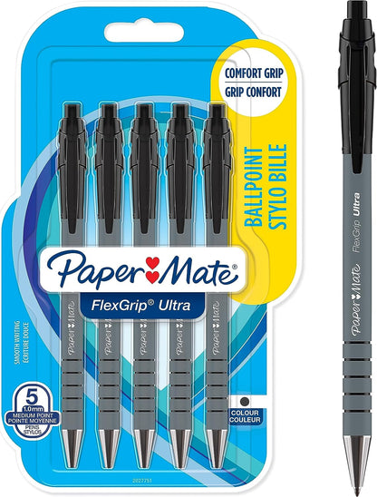 Flexgrip Ultra Retractable Ballpoint Pens | Medium Point (1.0Mm) | Black | 5 Count