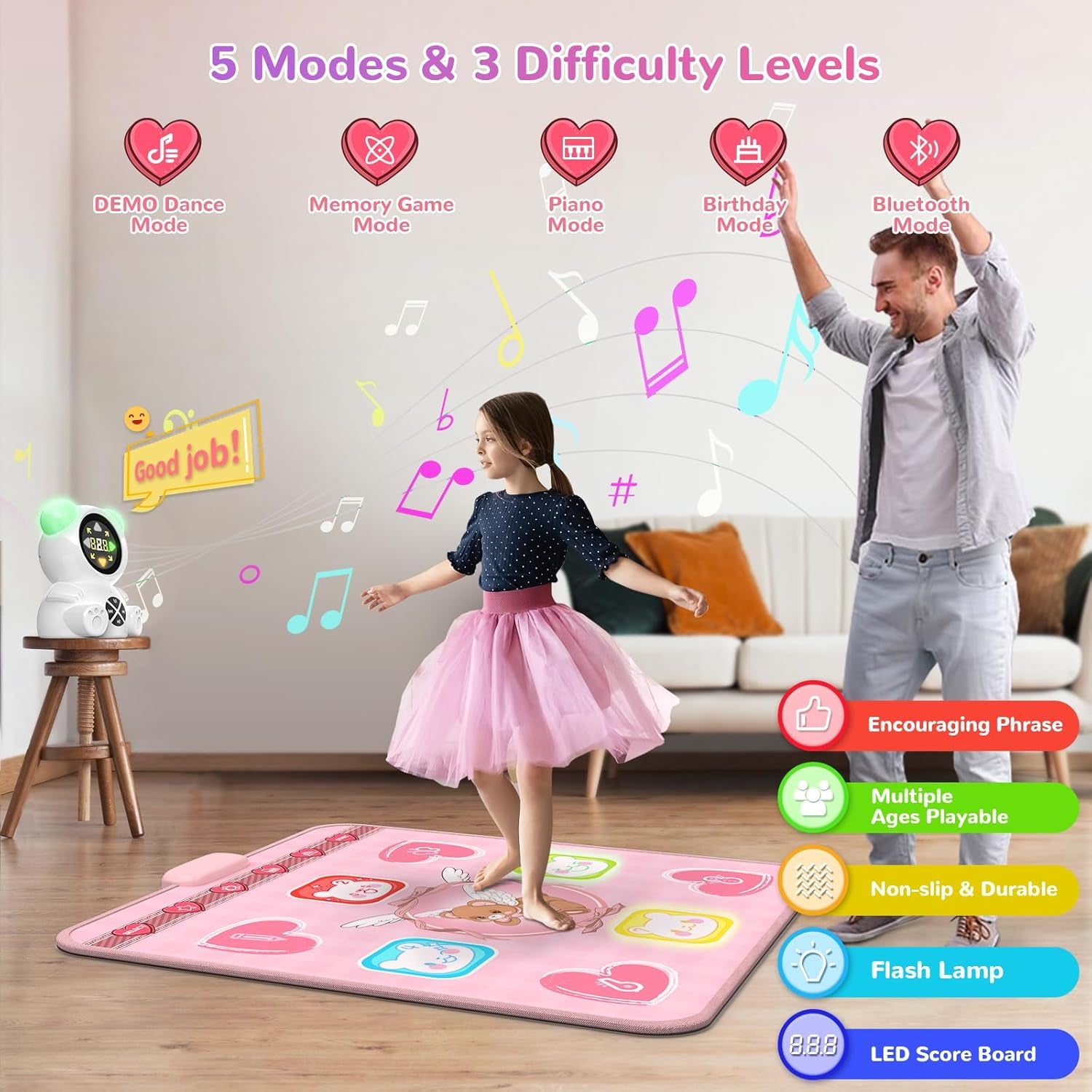 Rechargeable Dance Mat Toys for Girls, Light up Dance Pad with Wireless Bluetooth, 5 Game Modes, Adjustable Volume & LED Lights, Xmas B-Day Gifts for 3-12 Years Old Kids (Pink)