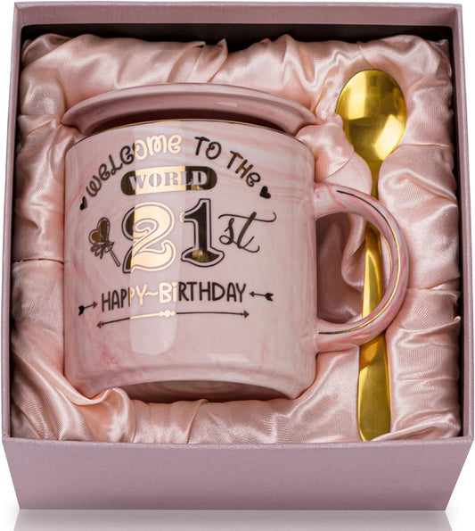 21St Birthday Gifts for Her Keepsake, 14Oz Lovely Pink Marble Ceramic Cup Printed with Gold, Lid, Spoon, Greeting Card, Happy 21St Bday Mug Present for Daughter, Girl, Sister, Niece, Gift Boxed