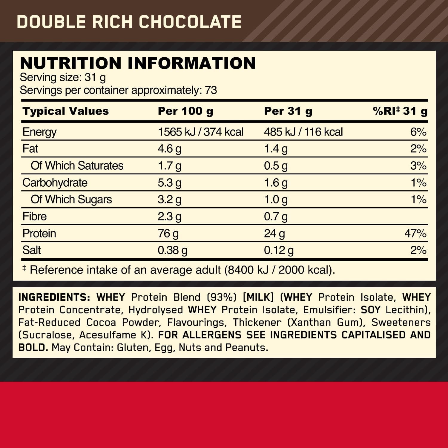 Gold Standard 100% Whey Muscle Building and Recovery Protein Powder with Naturally Occurring Glutamine and BCAA Amino Acids, Double Rich Chocolate Flavour, 73 Servings, 2.26 Kg