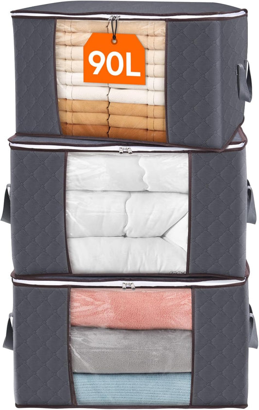 90L Clothes Storage Bags Large Storage Box with Lid Packing Boxes for Moving House with Reinforced Handle Thick Fabric Clear Window for Clothes Duvet Blankets Bedding, 3 Pack, Grey