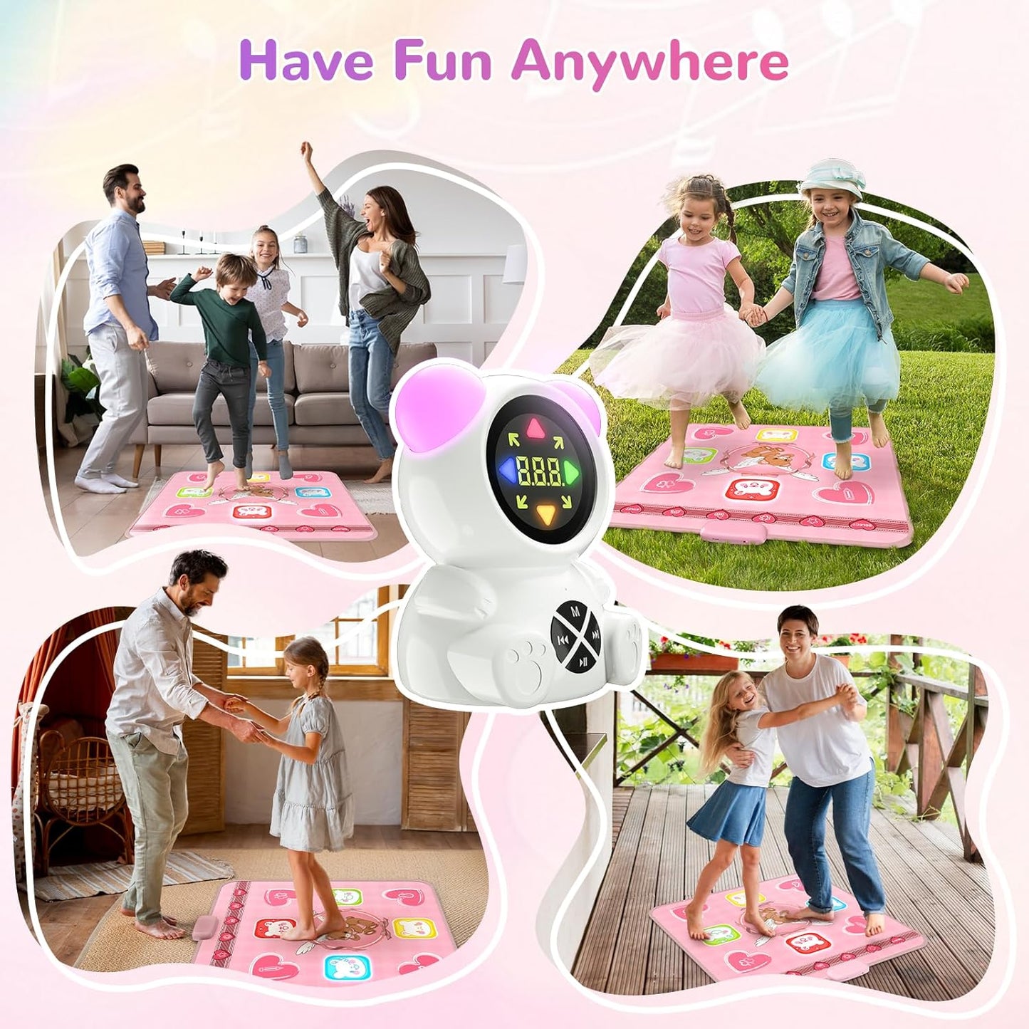 Rechargeable Dance Mat Toys for Girls, Light up Dance Pad with Wireless Bluetooth, 5 Game Modes, Adjustable Volume & LED Lights, Xmas B-Day Gifts for 3-12 Years Old Kids (Pink)