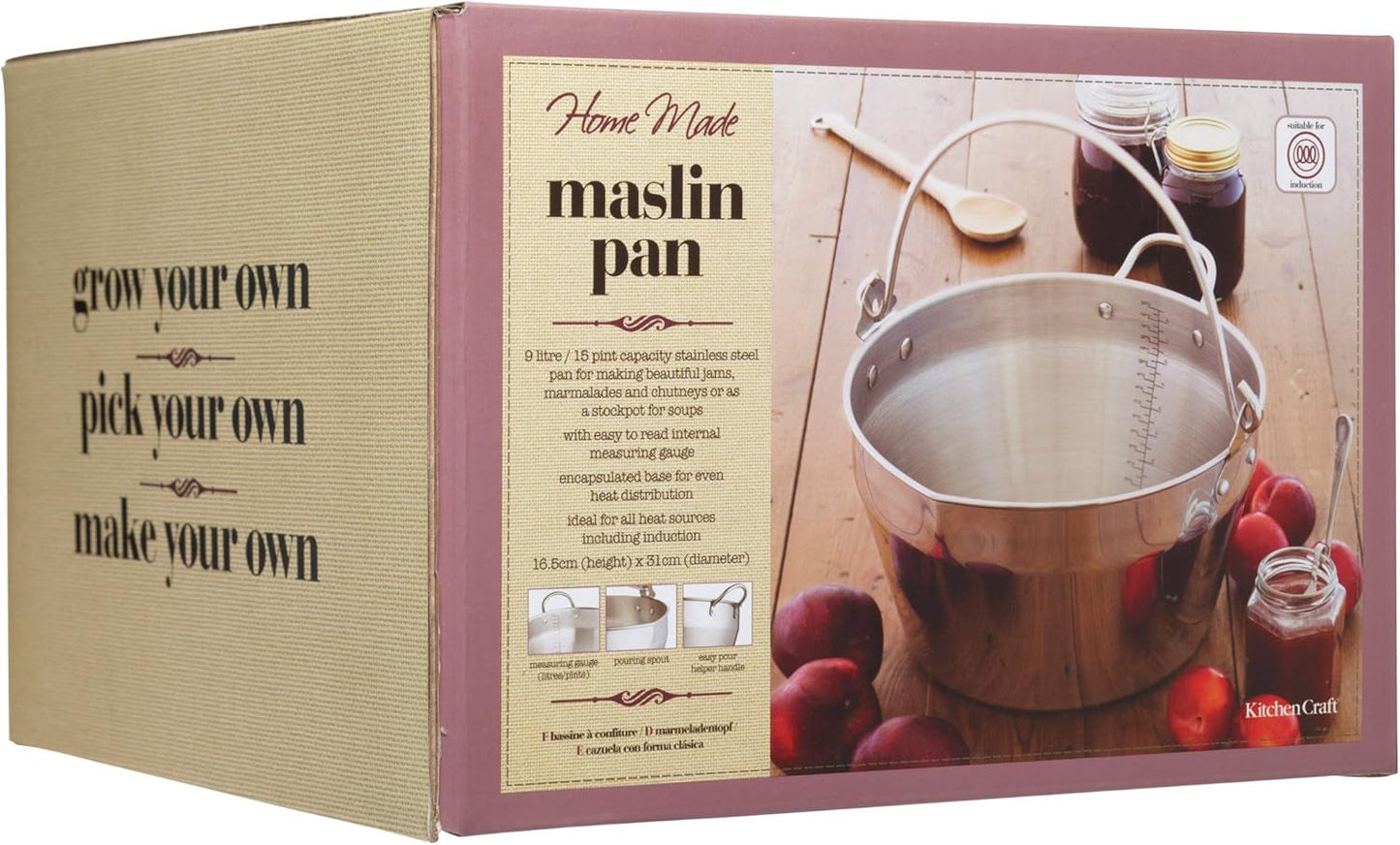 Home Made Maslin/Jam Pan for Induction Hob with Recipe in Gift Box, Stainless Steel, 9 Litre & Tala Jam Straining Set