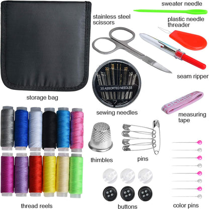 Sewing KIT, DIY Sewing Supplies with Sewing Accessories, Portable Mini Sewing Kit for Beginner, Traveller and Emergency Clothing Fixes, with Premium Black Carrying Case