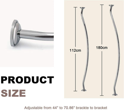Curved Shower Rod Stainless Steel Adjustable 112-180Cm, Telescopic Shower Curtain Pole Extensible Shower Rail Including Fittings (Chrome)