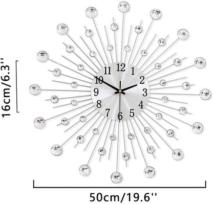 Silver Wall Clock Stylish Diamond Silent Non-Ticking Arabic Numeral Clock Very Large Wall Clocks for Living Room, Bedroom, Kitchen, Home Decor (50Cm/ 20Inch