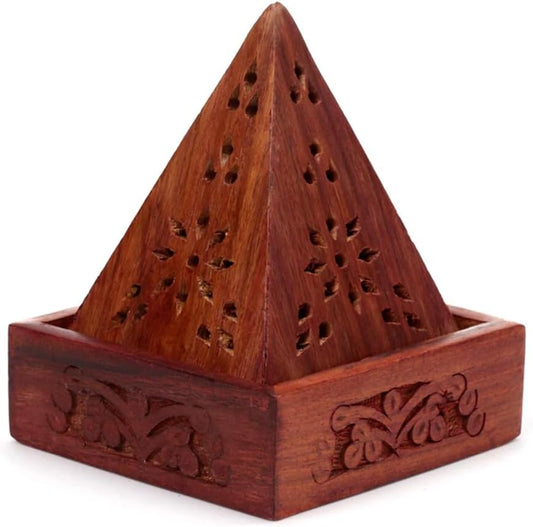 Sheesham Wood Pyramid Incense Cone Box with Flower Fretwork - Spiritual Zen Gothic Incensé Insence Sticks Cones Holder Burner - Home Aesthetic Yoga Room Decor Accessories Gift