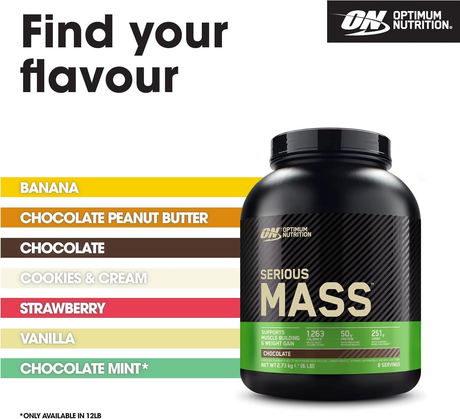Serious Mass Protein Powder High Calorie Mass Gainer with Vitamins, Creatine and Glutamine, Chocolate, 8 Servings, 2.73 Kg, Packaging May Vary