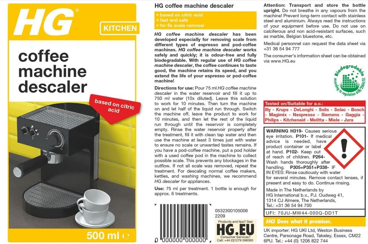 323050106 Coffee Machine Descaler, Tough Scale Remover for Espresso, Easy Maintenance to Prevent Blockages, Biodegradable & Odourless Citric Acid Formula, White, 500 Ml, Pack of 1