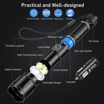 LED Torch, 500000 Lumens Super Bright Torches Led - Adjustable Focus, 5000 Mah, IP67 Waterproof, Powerful Long Lasting Handheld Flashlight for Power Cuts, Camping, Hiking, Emergency Etc.