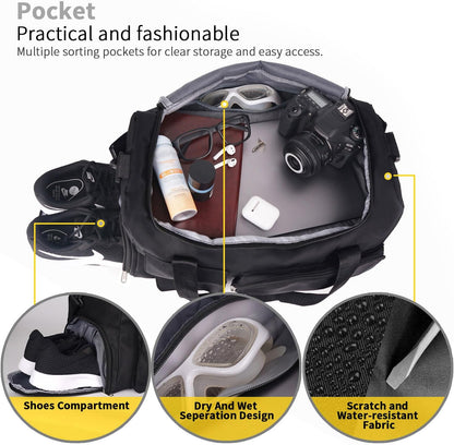 Womens Mens Sports Gym Bag Duffle Bag with Shoes Compartment, Weekend Travel Bag Overnight Bag for Women, Water Resistant Holdall Hospital Bag for Swimming Black