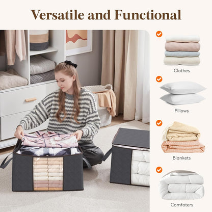 90L Clothes Storage Bags Large Storage Box with Lid Packing Boxes for Moving House with Reinforced Handle Thick Fabric Clear Window for Clothes Duvet Blankets Bedding, 3 Pack, Grey