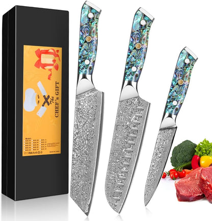 Damask Knive Set of 3, 12.4-19Cm Blade Made of 67 Layers of VG-10 Damascus Steel, Santoku Knife, Kiritsuke Knife, Universal Knife, Abalone Shell Handle, Gift Box