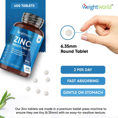 High Strength Zinc Tablets 50Mg – 400 Vegan Zinc Bisglycinate Tablets 6+ Months Supply – High Absorption Zinc Supplements for Skin, Hair and Nail - Immunity Supplements for Men & Women