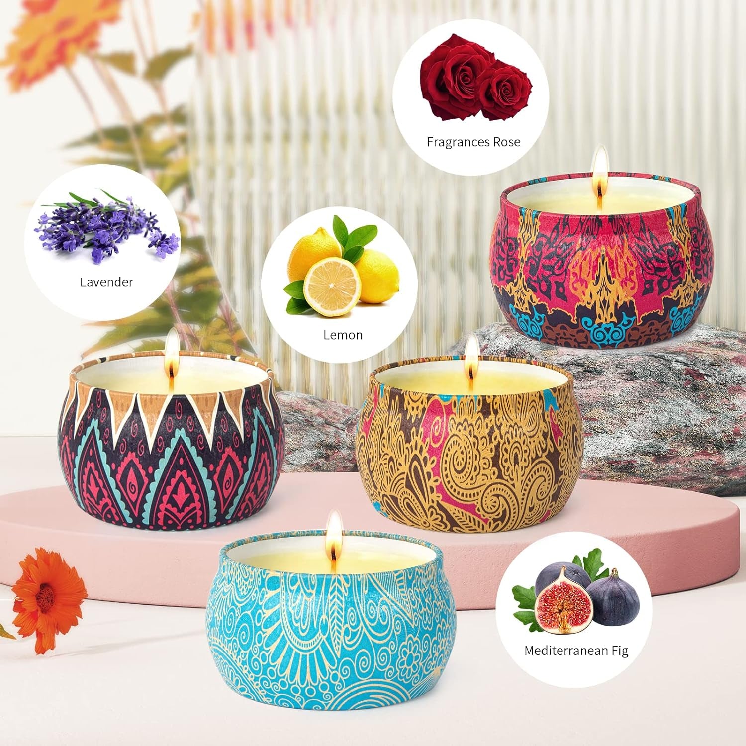 4 Scented Candles Gift Set, Aromatherapy Candle,Natural Soy Wax, Long Burning, for Christmas, Valentine'S, Mother'S Day, Gift Wrapping Lemon, Lavender, Fig, Rose Candles, 500G