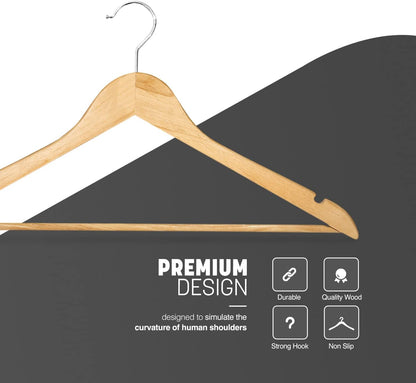 Strong Wooden Coat Hangers with 360 Degree Rotatory Hook & round Trouser Bar & Shoulder Notches - Durable Wardrobe Space Saver - Suitable for Coat, Jacket, Suit, Jumper (20 Pack)