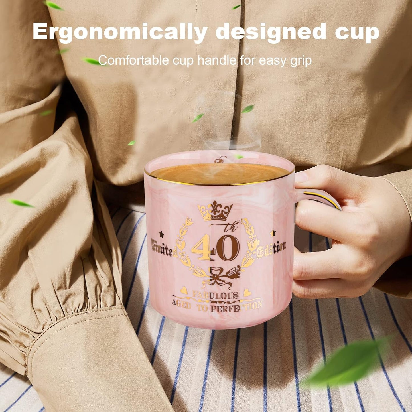 40Th Birthday Gifts for Women, Pink Birthday Gifts for Her, Aged to Perfection - Happy 40Th Birthday Mug Printed with Gold, 12Oz Ceramic Coffee Cup for 40Th Bday Women Friend, Wife, Sister, Gift Boxed