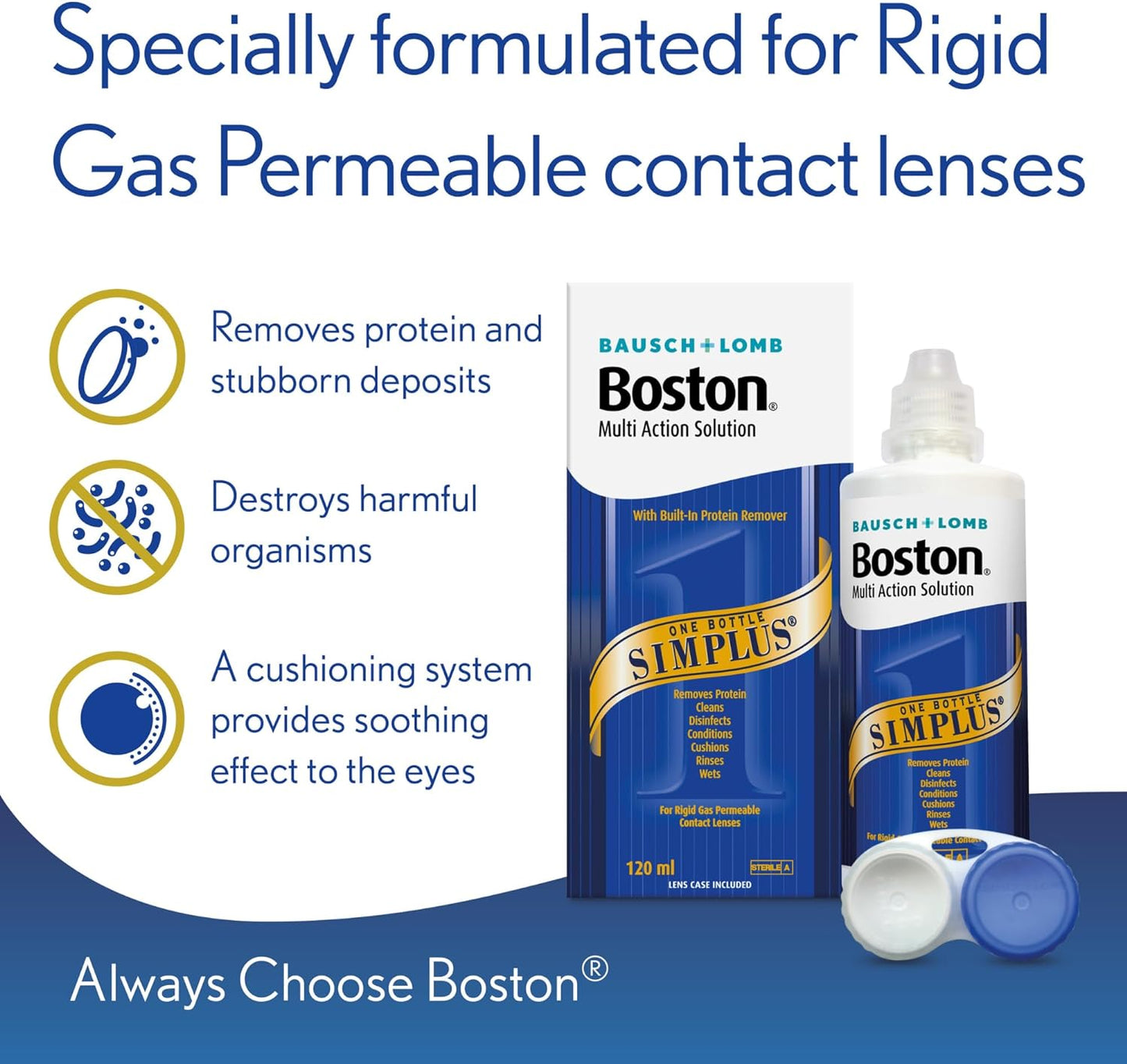 Simplus Multi-Action Solution, 4X 120Ml Contact Lens Solution for Rigid Gas Permeable Contact Lenses - Clean, Disinfect & Condition with 4X Lens Cases