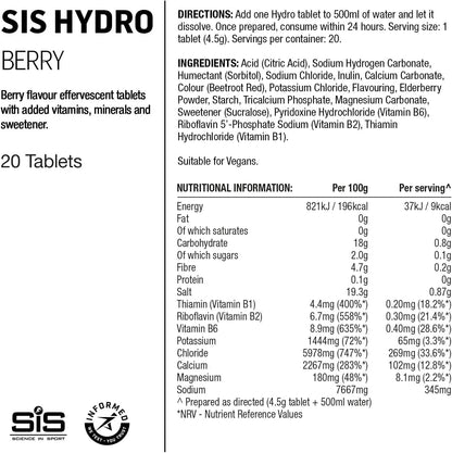 Hydro Hydration Tablets, Gluten-Free, Zero Sugar, Berry Flavour plus Electrolytes, 20 Effervescent Tablets