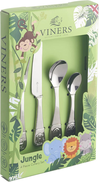 Jungle Kids Cutlery Set | Children’S Mirror Polished Flatware Gift Box with 25 Year Guarantee | for Ages 1-5 | 18/0 Stainless Steel, 4 Piece