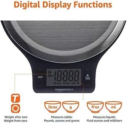 Digital Kitchen Scales with LCD Display (With Batteries), Black and Stainless Steel, BPA Free, Weighs up to 11 Pounds