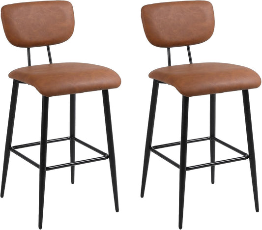 Bar Stools Set of 2, Tall Kitchen Stools with Backrest, Modern Faux Leather Barstools for Breakfast Bars, Counters, Restaurant and Home, Brown