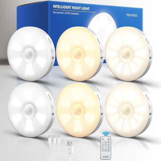 Motion Sensor Lights Indoor with Remote Control, 6 Pack Wireless Rechargeable Night Light LED Magnetic Stick on Wall Light, Battery Operated Stair Kitchen Cupboard under Cabinet Puck Light